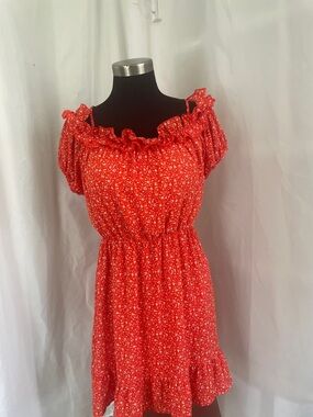 Jessica Simpson Coral Red Floral Off-Shoulder Mini Dress with ruffles Size M